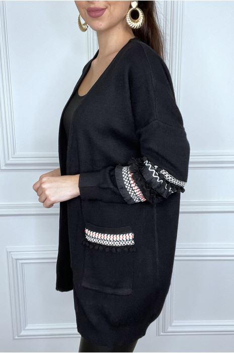 Gilet noir à motif aztèque et pompom - 1