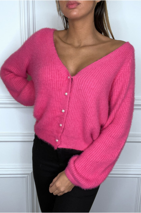 Gilet fuchsia duveteux à col tombant - 1