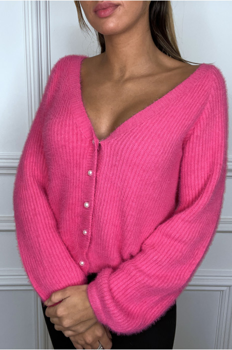 Gilet fuchsia duveteux à col tombant - 3