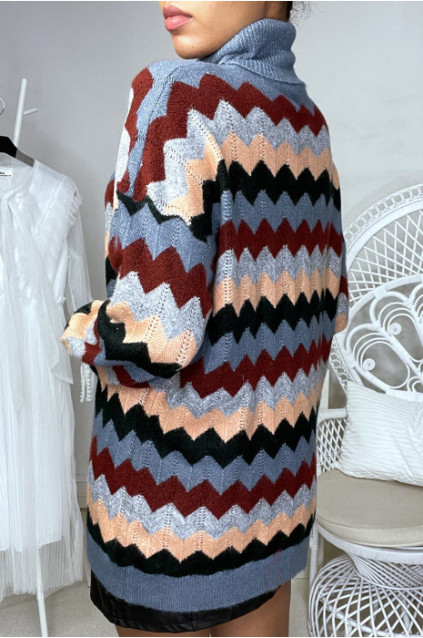 Long pull col roulé over size indigo avec motif zigzag - 1