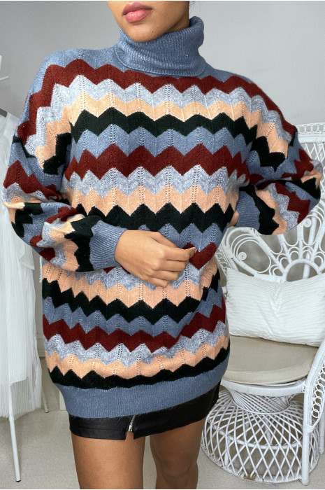 Long pull col roulé over size indigo avec motif zigzag - 3