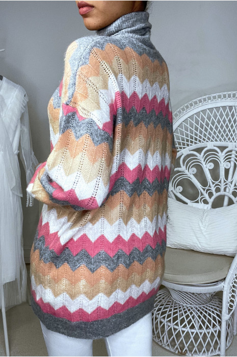 Long pull col roulé over size fuchsia avec motif zigzag - 1