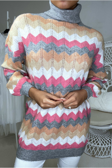 Long pull col roulé over size fuchsia avec motif zigzag - 2