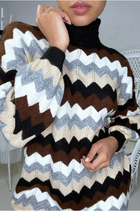 Long pull col roulé over size noir avec motif zigzag - 1