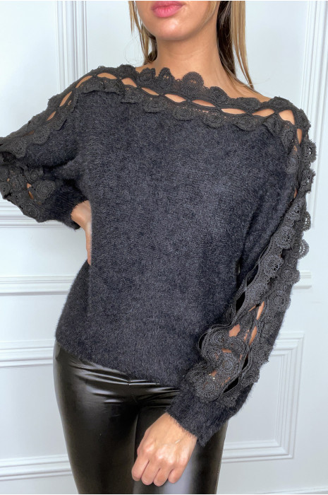 Pull noir duveteux à dentelle - 1