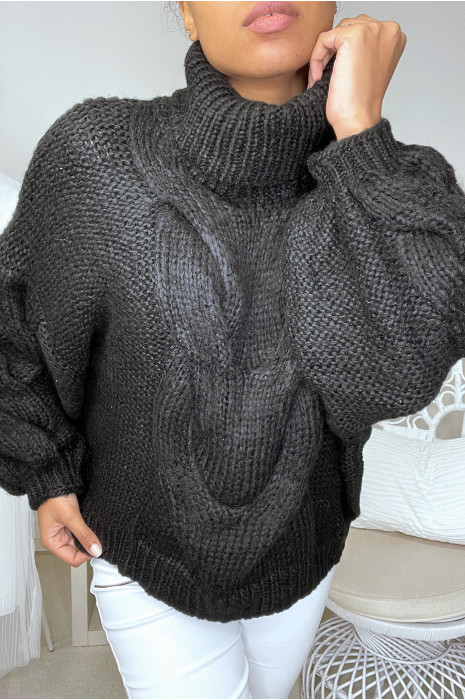 Gros pull noir avec tresse et col roulé - 2
