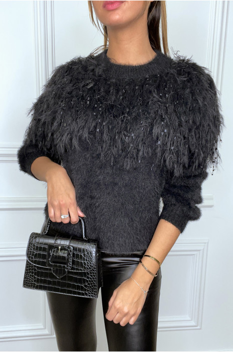 Pull noir duveteux à frange - 3