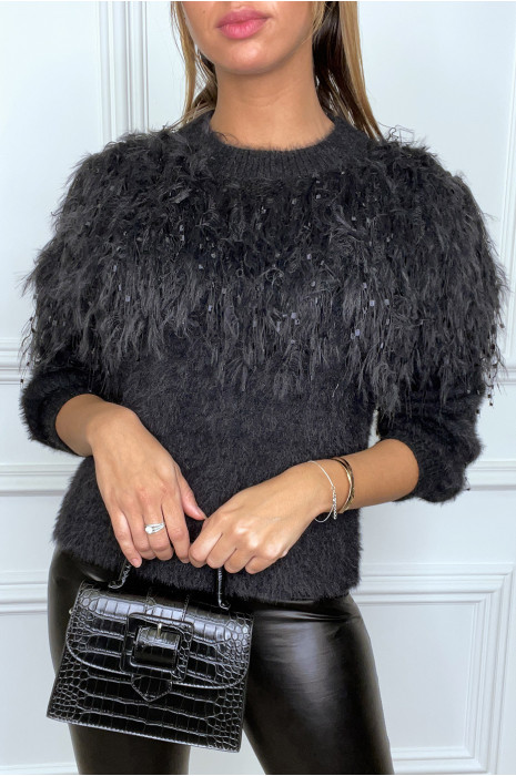 Pull noir duveteux à frange - 4