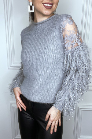Frange Pull Femme Duveteux Pull Gris Duveteux à Manche à Frange