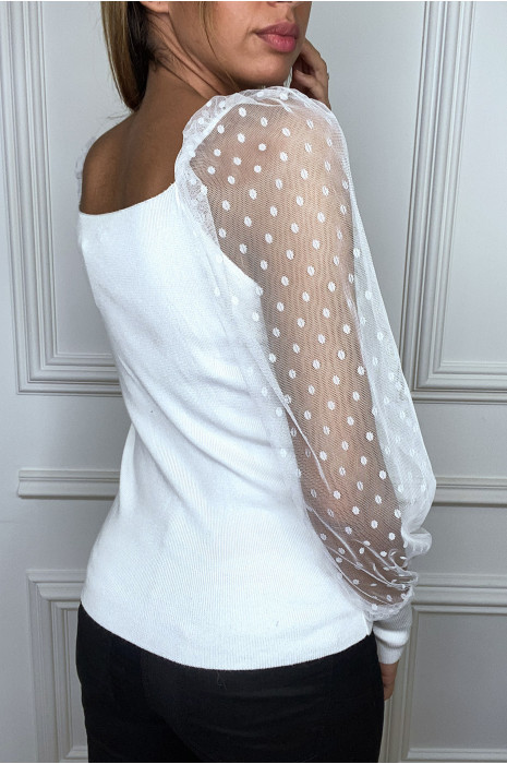 Pull blanc à manche en tulle plumetis col V - 4