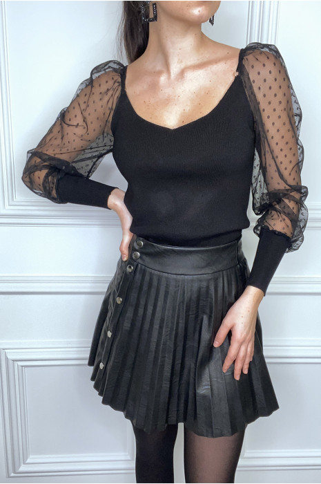 Pull noir à manche en tulle plumetis col V - 5