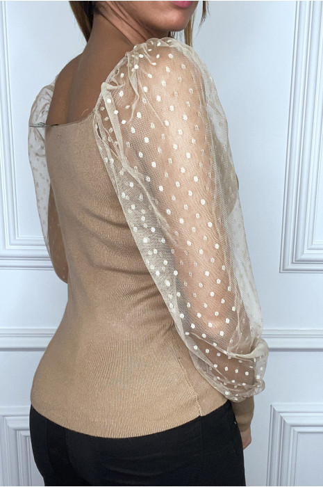 Pull camel à manche en tulle plumetis col V - 4