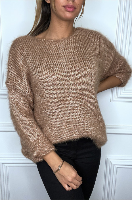 Fluffy camel trui met glanzend draad - 1