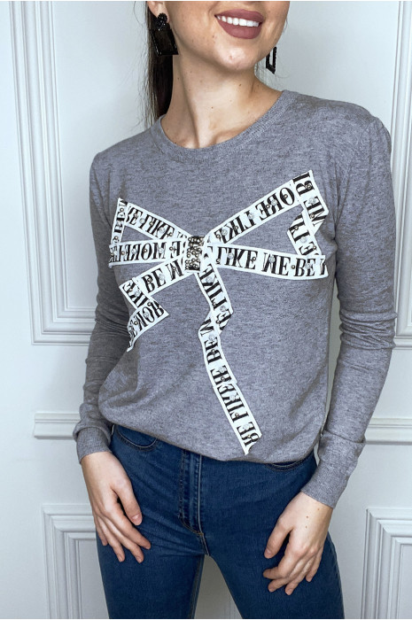 Gray sweater with yoke and rhinestones - 1