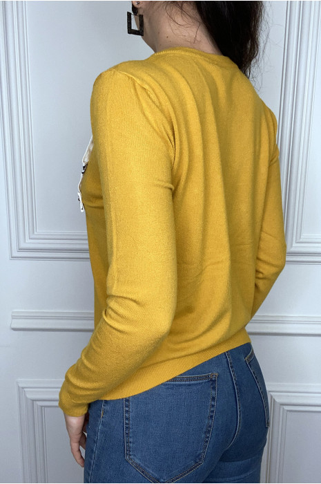 Pull moutarde à empiècement et strass - 3