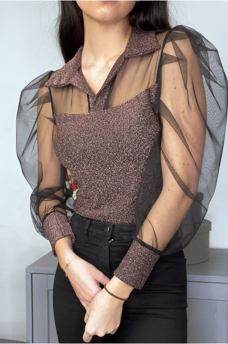 Body cuivre brillant à manche en tulle - 1