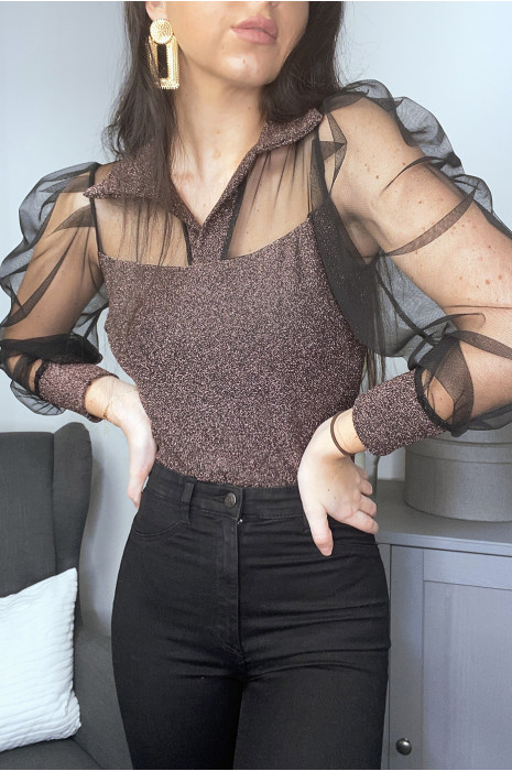 Body cuivre brillant à manche en tulle - 3