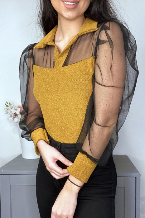 Body moutarde brillant à manche en tulle - 1
