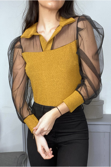 Body moutarde brillant à manche en tulle - 2