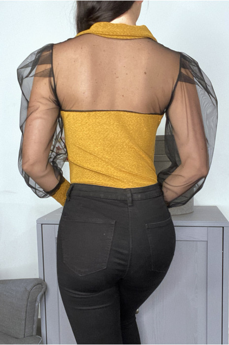 Body moutarde brillant à manche en tulle - 3