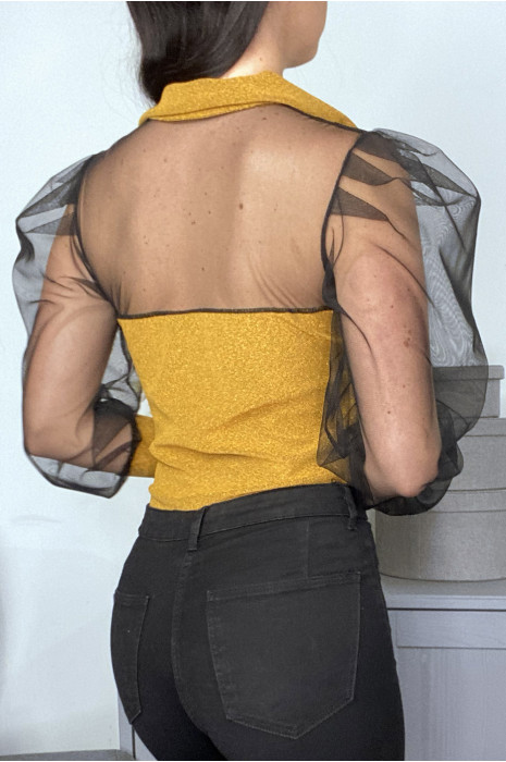 Body moutarde brillant à manche en tulle - 4
