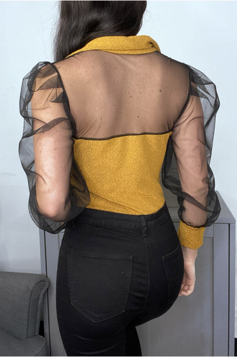 Body moutarde brillant à manche en tulle - 5