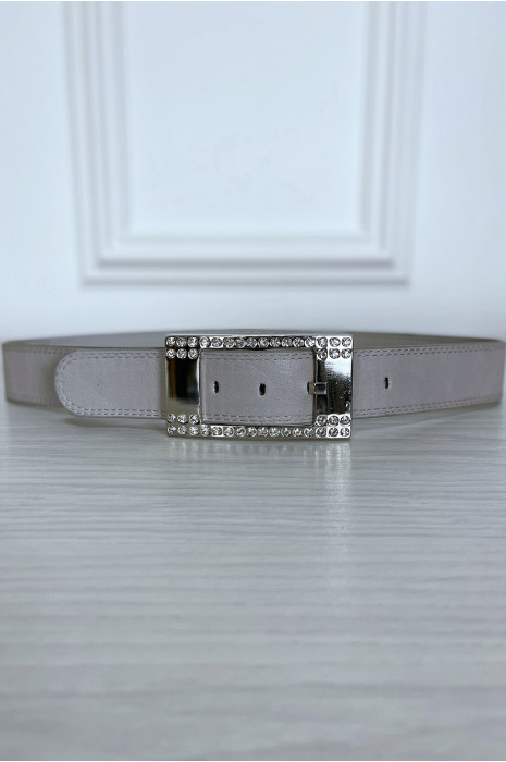 Ceinture grise avec boucle rectangle argenté ornée de strass - 2