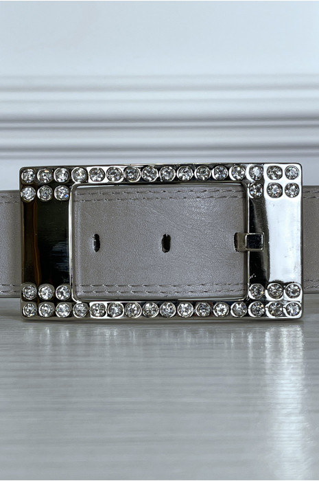 Ceinture grise avec boucle rectangle argenté ornée de strass - 4