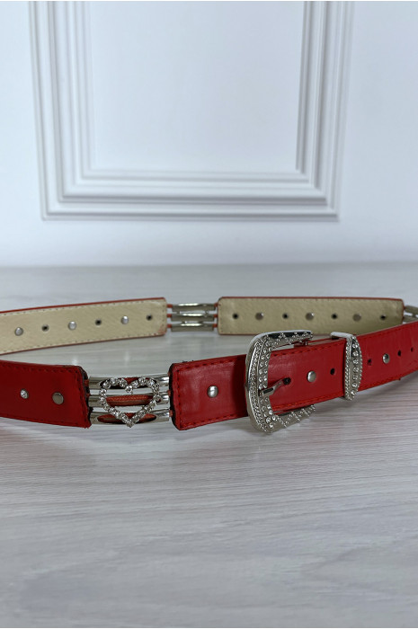 Rode riem met gesp en zilver strass hartje - 1