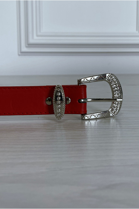Rode riem met gesp en zilver strass hartje - 2