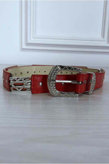 Red belt with buckle and silver rhinestone heart - 3