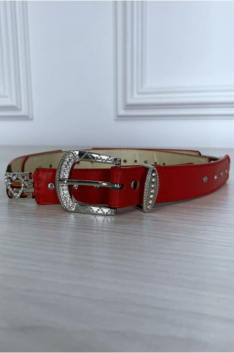 Rode riem met gesp en zilver strass hartje - 4