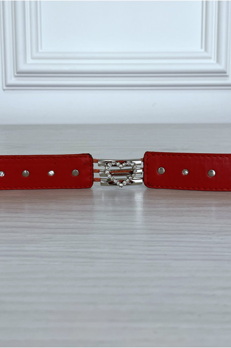 Ceinture rouge avec boucle et coeur argenté en strass - 5
