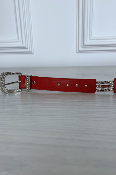 Ceinture rouge avec boucle et coeur argenté en strass - 6
