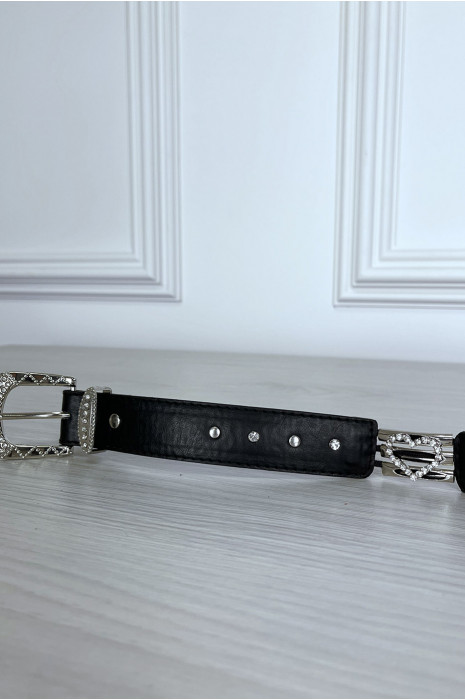 Ceinture noir avec boucle et coeur argenté en strass - 1