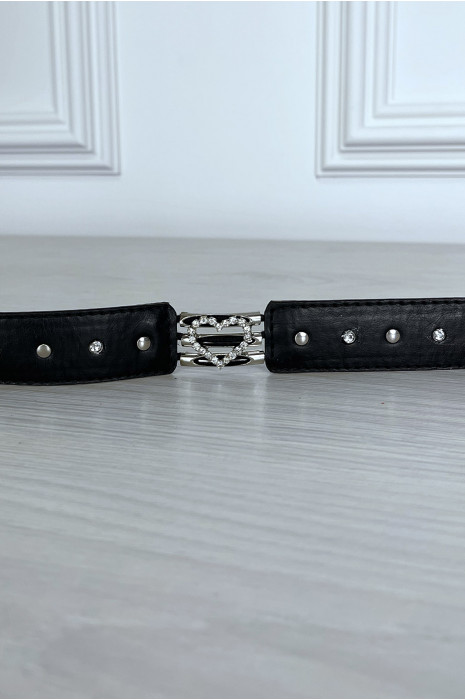 Ceinture noir avec boucle et coeur argenté en strass - 2
