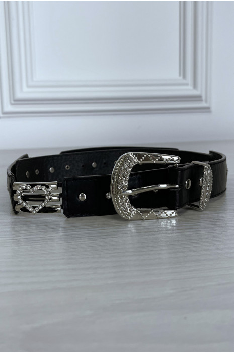 Ceinture noir avec boucle et coeur argenté en strass - 3