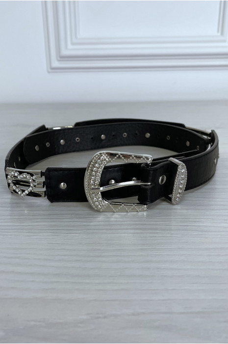 Ceinture noir avec boucle et coeur argenté en strass - 4
