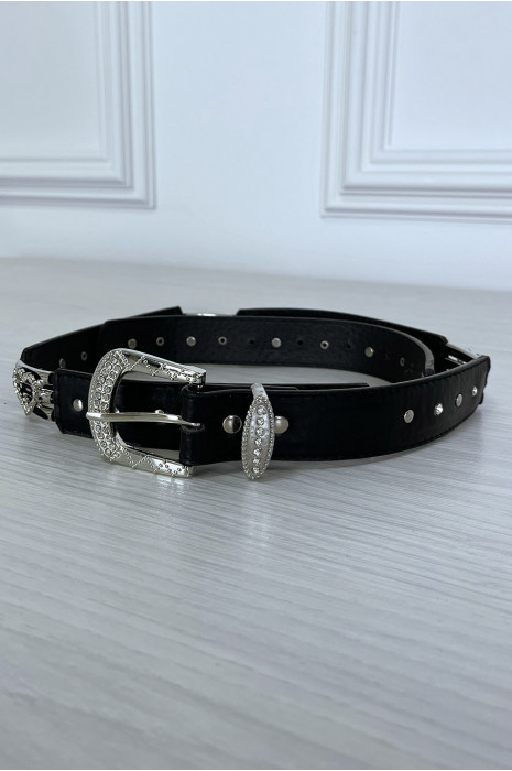 Ceinture noir avec boucle et coeur argenté en strass - 5