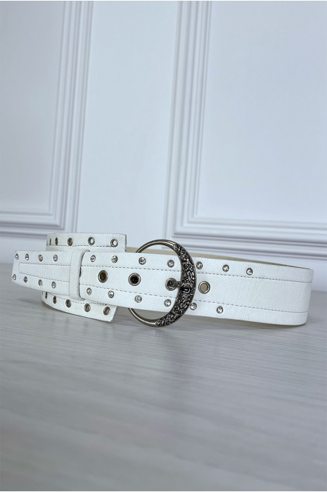 White faux leather belt with eyelet rhinestones - 1