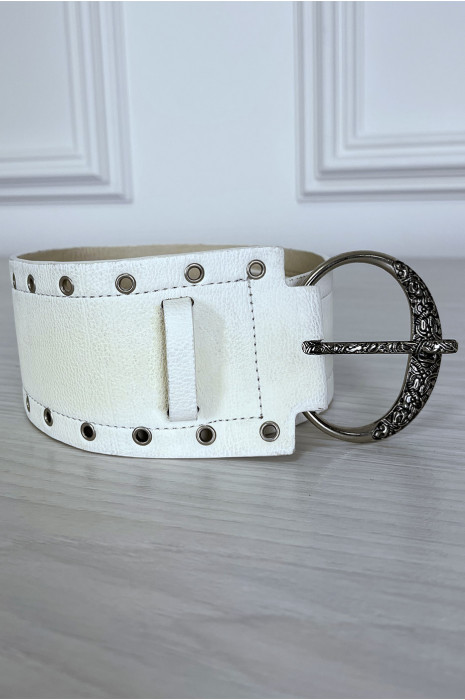 White faux leather belt with eyelet rhinestones - 2