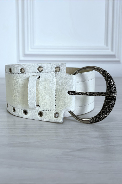 White faux leather belt with eyelet rhinestones - 3