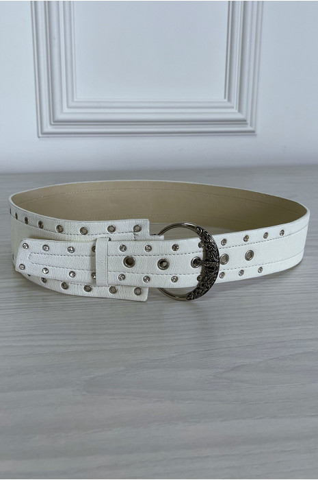 Witte imitatieleren riem met strass-steentjes met gaatjes - 4