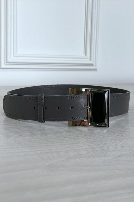 Gray faux leather belt with silver glass buckle - 3