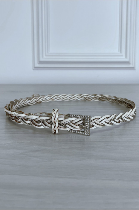 Dunne beige gevlochten faux lederen riem met eiken - 1