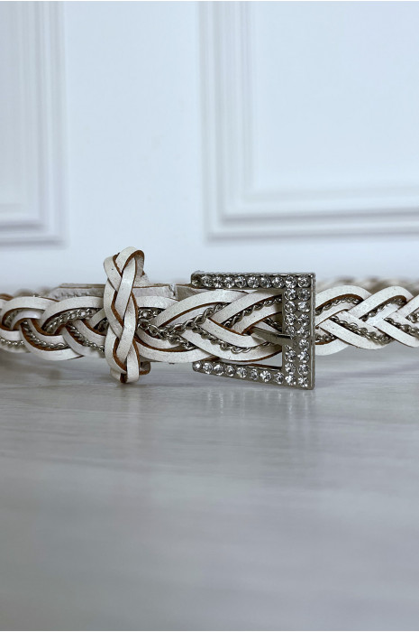 Dunne beige gevlochten faux lederen riem met eiken - 2