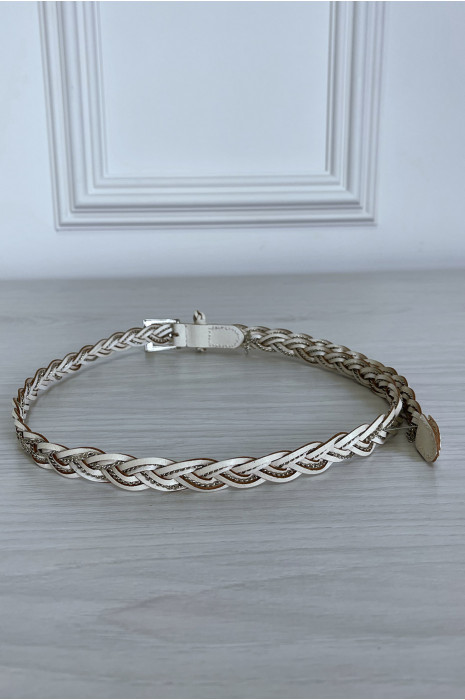 Dunne beige gevlochten faux lederen riem met eiken - 3