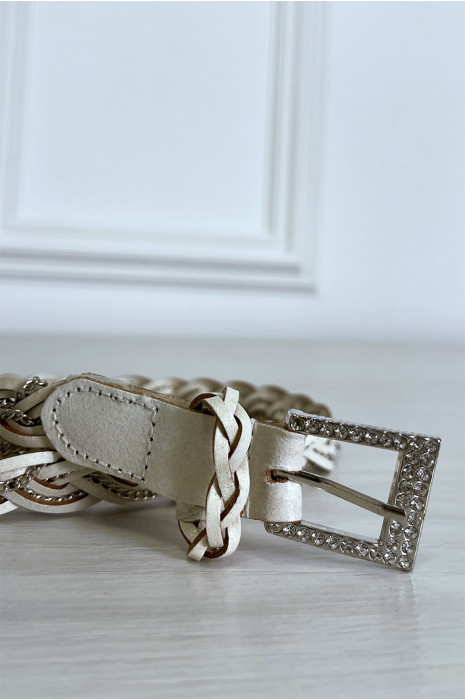 Dunne beige gevlochten faux lederen riem met eiken - 5