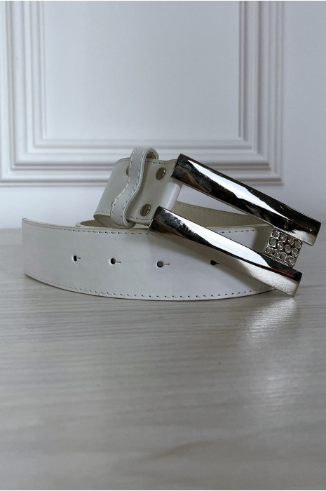 Witte faux lederen riem met zilveren gesp met strass steentjes - 5