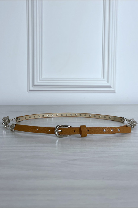 Thin camel belt with accessory and rhinestones - 1
